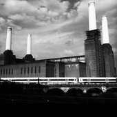 A view of Battersea Power Station in black and white